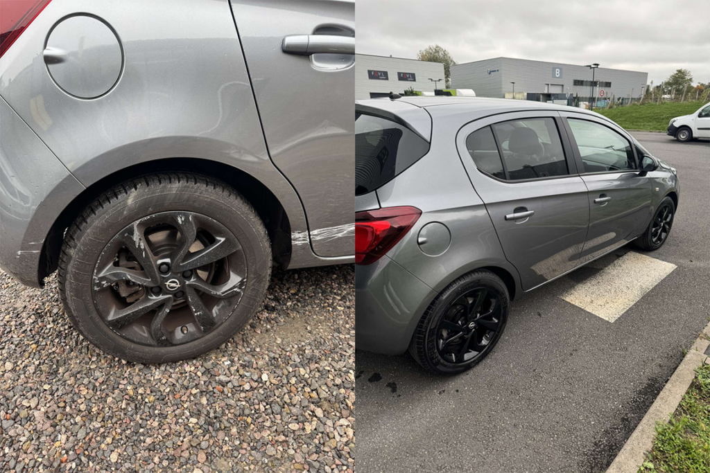 Avant et après d'une voiture suite à une prestation de rénovation carrosserie